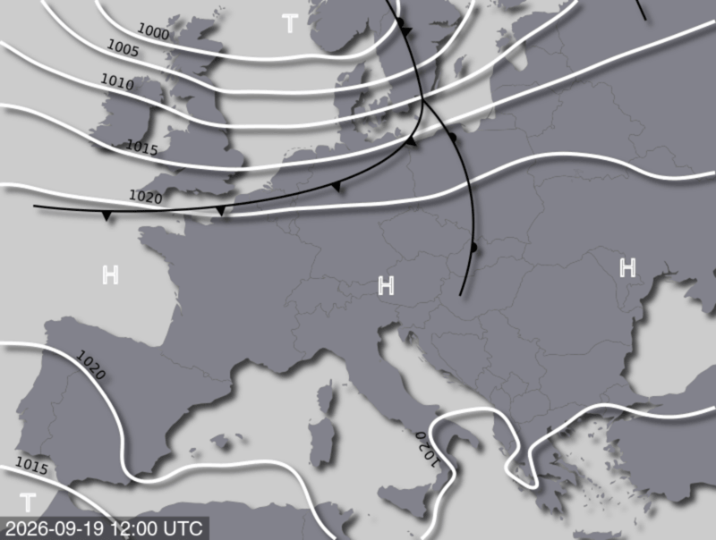 Bodendruck- und Frontenkarte für Samstag, 19. September 2026, 14:00 MESZ (Quelle: UBIMET)