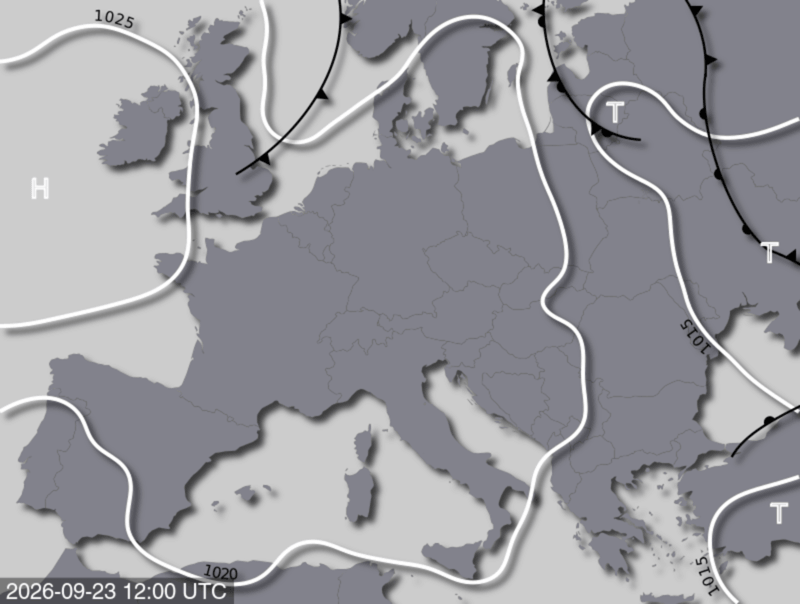 Bodendruck- und Frontenkarte für Mittwoch, 23. September 2026, 14:00 MESZ (Quelle: UBIMET)