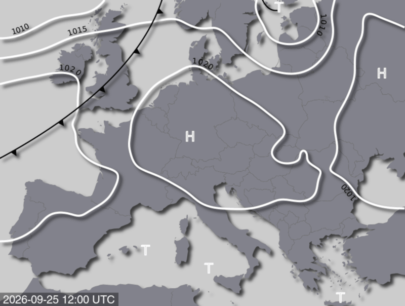 Bodendruck- und Frontenkarte für Freitag, 25. September 2026, 14:00 MESZ (Quelle: UBIMET)
