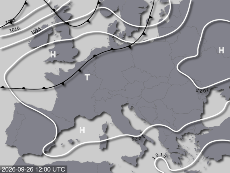 Bodendruck- und Frontenkarte für Samstag, 26. September 2026, 14:00 MESZ (Quelle: UBIMET)