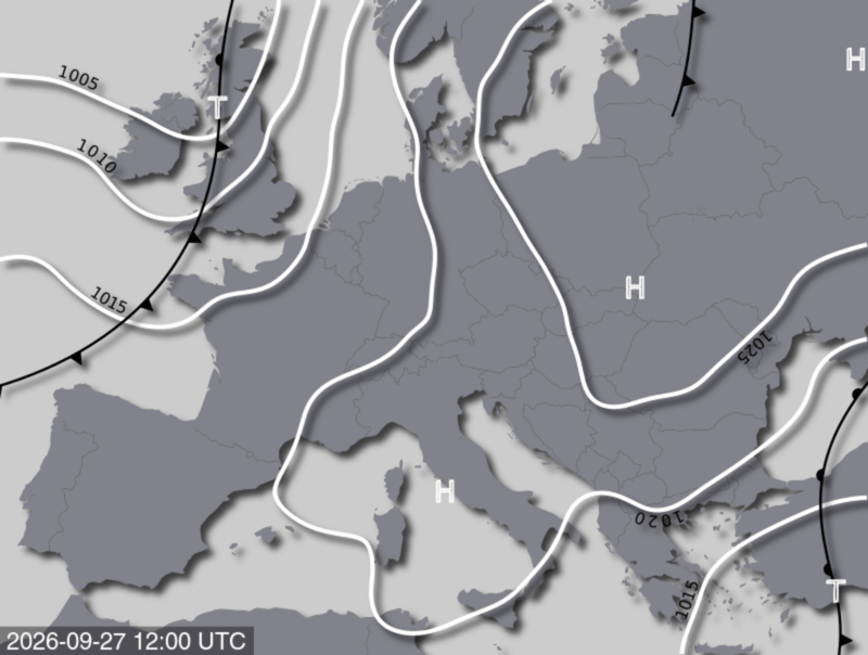 Bodendruck- und Frontenkarte für Sonntag, 27. September 2026, 14:00 MESZ (Quelle: UBIMET)