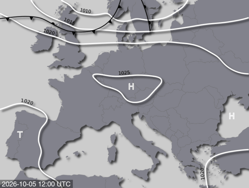 Bodendruck- und Frontenkarte für Montag, 05. Oktober 2026, 14:00 MESZ (Quelle: UBIMET)