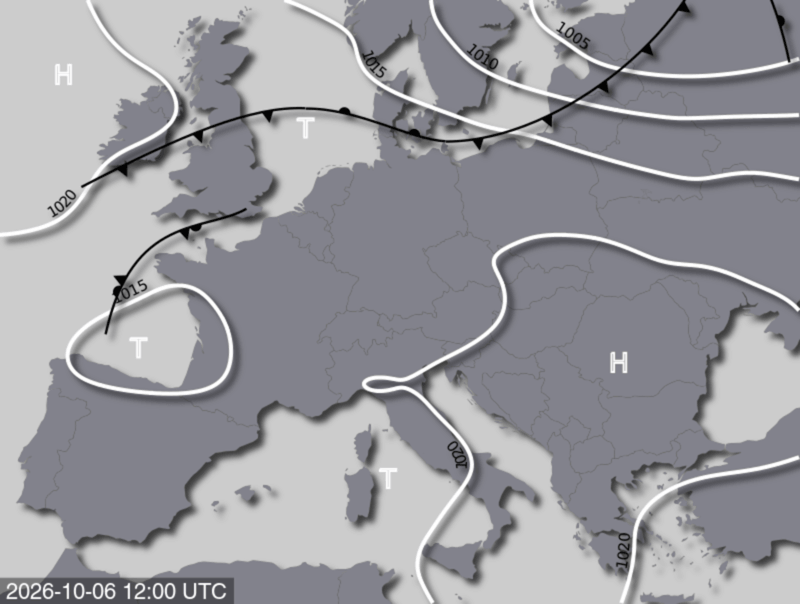 Bodendruck- und Frontenkarte für Dienstag, 06. Oktober 2026, 14:00 MESZ (Quelle: UBIMET)