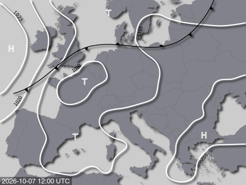 Bodendruck- und Frontenkarte für Mittwoch, 07. Oktober 2026, 14:00 MESZ (Quelle: UBIMET)