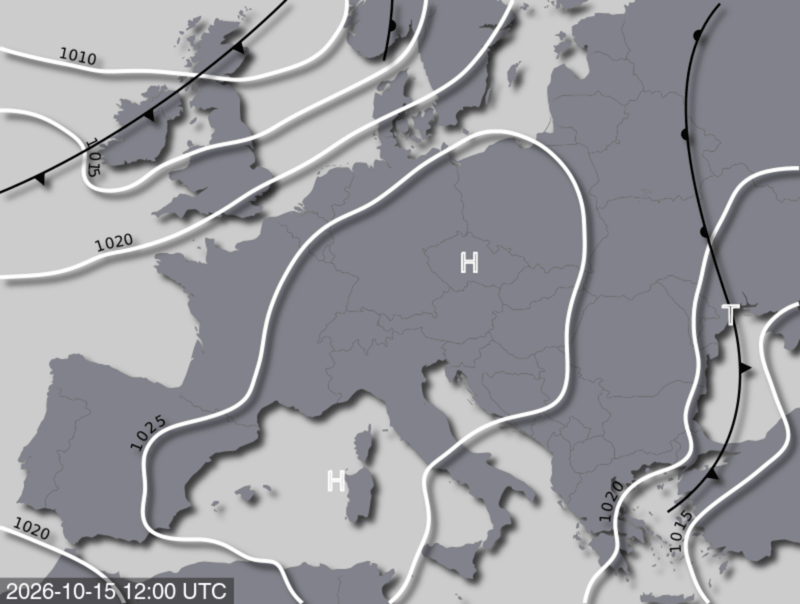 Bodendruck- und Frontenkarte für Donnerstag, 15. Oktober 2026, 14:00 MESZ (Quelle: UBIMET)