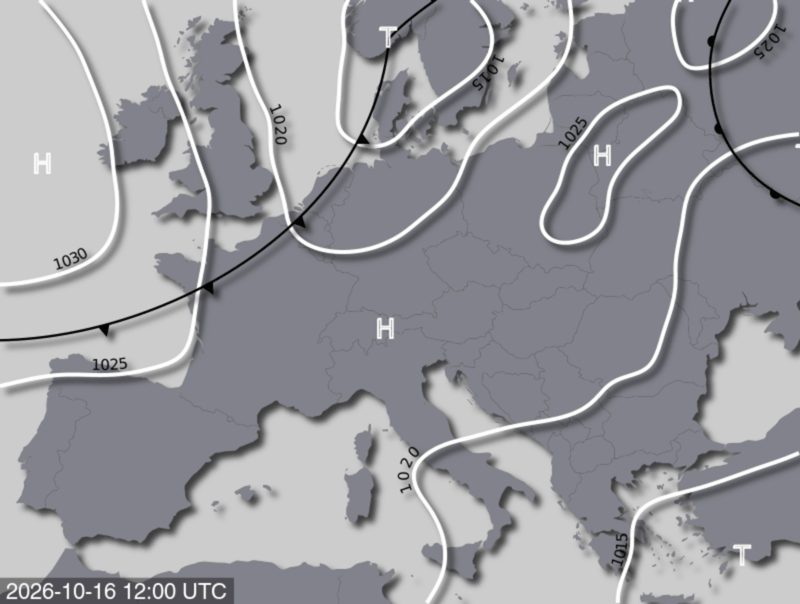 Bodendruck- und Frontenkarte für Freitag, 16. Oktober 2026, 14:00 MESZ (Quelle: UBIMET)