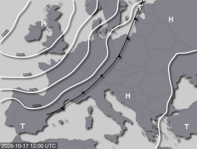 Bodendruck- und Frontenkarte für Samstag, 17. Oktober 2026, 14:00 MESZ (Quelle: UBIMET)