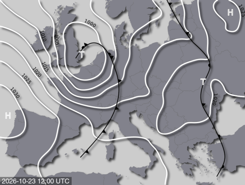 Bodendruck- und Frontenkarte für Freitag, 23. Oktober 2026, 14:00 MESZ (Quelle: UBIMET)