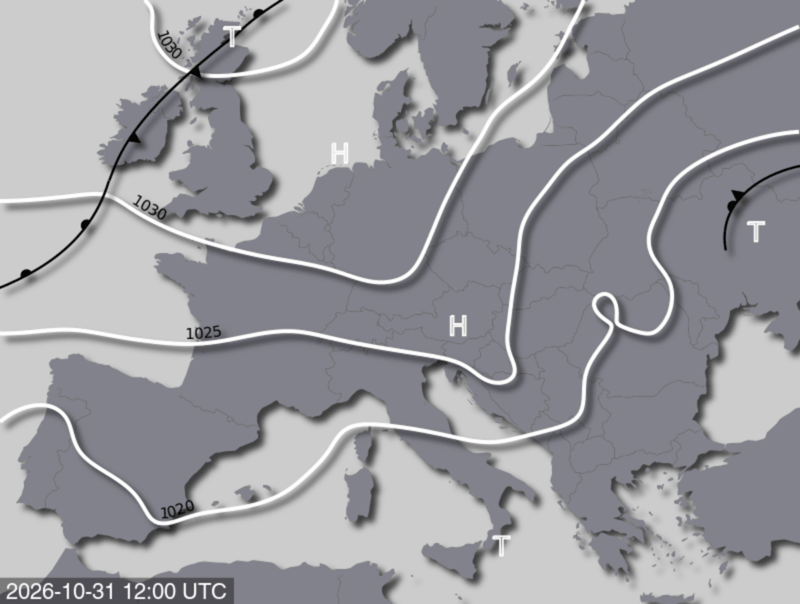 Bodendruck- und Frontenkarte für Samstag, 31. Oktober 2026, 13:00 MEZ (Quelle: UBIMET)